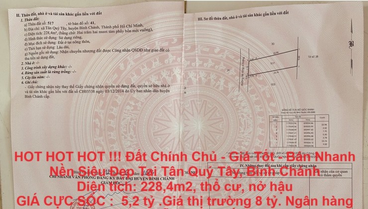 HOT HOT HOT !!! Đất Chính Chủ - Giá Tốt - Bán Nhanh Nền Siêu Đẹp Tại Tân Quý Tây, Bình Chánh